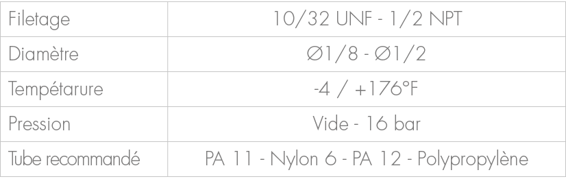 Filetage,10/32 UNF 1/2 NPT,Diam tre, 1/8 1/2,Temp tarure, 4 / +176°F,Pression,Vide 16 bar,Tube recommand ,PA 11 Nylo...